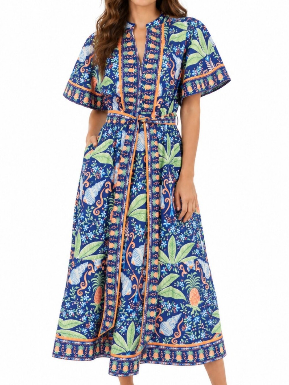 Crown & Ivy Navy Midi Dress with Green and Coral Botanical Print NWT